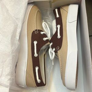 373 New chaps women's Britten khaki dark brown canvas slip on boat shoe loafer